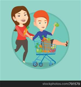 Caucasian woman pushing a shopping trolley with her friend. Couple of carefree friends having fun while riding by shopping trolley. Vector flat design illustration in the circle isolated on background. Couple of friends riding by shopping trolley.
