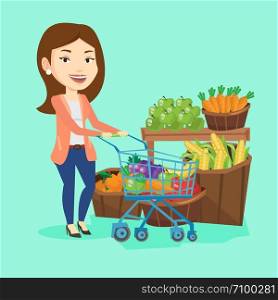 Caucasian woman pushing a supermarket cart with some healthy products in it. Customer shopping at supermarket with cart. Woman buying healthy products. Vector flat design illustration. Square layout.. Customer with shopping cart vector illustration.
