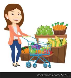 Caucasian woman pushing a supermarket cart with some products. Woman shopping at supermarket with cart. Woman buying healthy products. Vector flat design illustration isolated on white background.. Customer with shopping cart vector illustration.