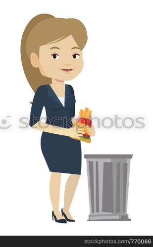 Caucasian woman putting junk food into a trash bin. Young woman refusing to eat junk food. Woman rejecting junk food. Diet concept. Vector flat design illustration isolated on white background.. Woman throwing junk food vector illustration.