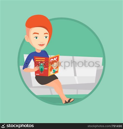 Caucasian woman reading a magazine. Relaxed woman sitting on a sofa and reading a magazine. Woman sitting on couch with magazine. Vector flat design illustration in the circle isolated on background.. Woman reading magazine on sofa vector illustration