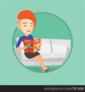 Caucasian woman reading a magazine. Relaxed woman sitting on a sofa and reading a magazine. Woman sitting on couch with magazine. Vector flat design illustration in the circle isolated on background.. Woman reading magazine on sofa vector illustration