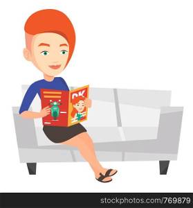 Caucasian woman reading a magazine. Relaxed woman sitting on sofa and reading magazine. Woman sitting on the couch with magazine in hands. Vector flat design illustration isolated on white background.. Woman reading magazine on sofa vector illustration