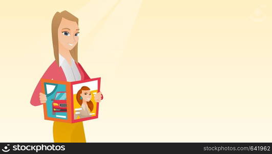 Caucasian woman reading a magazine. Young woman standing with a magazine in hands. Woman holding a magazine. Happy woman reading news in a magazine. Vector flat design illustration. Horizontal layout.. Woman reading magazine vector illustration.