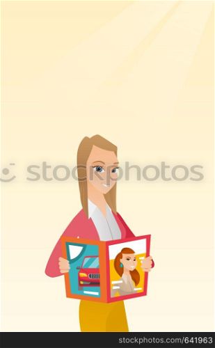 Caucasian woman reading a magazine. Young woman standing with a magazine in hands. Woman holding a magazine. Happy woman reading news in a magazine. Vector flat design illustration. Vertical layout.. Woman reading magazine vector illustration.