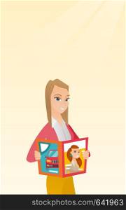 Caucasian woman reading a magazine. Young woman standing with a magazine in hands. Woman holding a magazine. Happy woman reading news in a magazine. Vector flat design illustration. Vertical layout.. Woman reading magazine vector illustration.