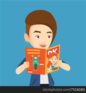 Caucasian woman reading a magazine. Young woman standing with magazine in hands. Happy woman reading good news in a magazine. Vector flat design illustration. Square layout.. Woman reading magazine vector illustration.