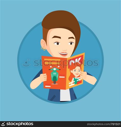 Caucasian woman reading a magazine. Young woman standing with magazine in hands. Happy woman reading good news in a magazine. Vector flat design illustration in the circle isolated on background.. Woman reading magazine vector illustration.