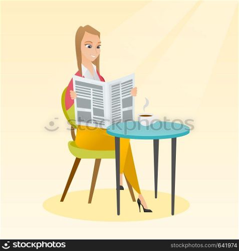 Caucasian woman reading a newspaper in a cafe. Young woman reading news in a newspaper. Woman sitting with a newspaper in hands and drinking coffee. Vector flat design illustration. Square layout.. Woman reading a newspaper and drinking coffee.