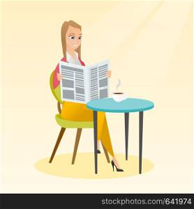 Caucasian woman reading a newspaper in a cafe. Young woman reading news in a newspaper. Woman sitting with a newspaper in hands and drinking coffee. Vector flat design illustration. Square layout.. Woman reading a newspaper and drinking coffee.