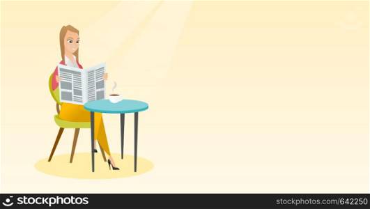 Caucasian woman reading a newspaper in a cafe. Young woman reading news in a newspaper. Woman sitting with a newspaper in hands and drinking coffee. Vector flat design illustration. Horizontal layout.. Woman reading a newspaper and drinking coffee.