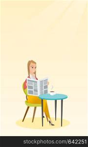 Caucasian woman reading a newspaper in a cafe. Young woman reading news in a newspaper. Woman sitting with a newspaper in hands and drinking coffee. Vector flat design illustration. Vertical layout.. Woman reading a newspaper and drinking coffee.