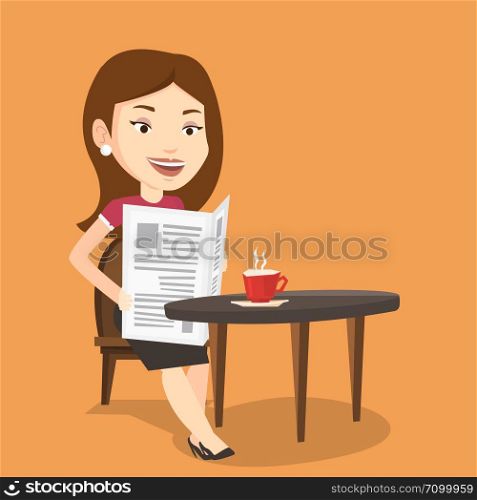 Caucasian woman reading newspaper in a cafe. Young woman reading the news in newspaper. Woman sitting with newspaper in hands and drinking coffee. Vector flat design illustration. Square layout.. Woman reading newspaper and drinking coffee.