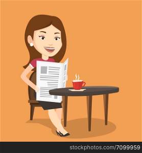 Caucasian woman reading newspaper in a cafe. Young woman reading the news in newspaper. Woman sitting with newspaper in hands and drinking coffee. Vector flat design illustration. Square layout.. Woman reading newspaper and drinking coffee.