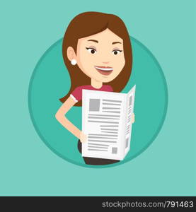 Caucasian woman reading the newspaper. Young smiling woman reading good news in newspaper. Woman standing with newspaper in hands. Vector flat design illustration in the circle isolated on background.. Woman reading newspaper vector illustration.