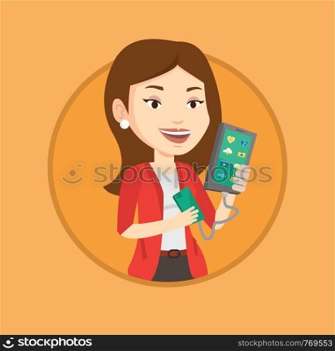 Caucasian woman recharging her smartphone with mobile phone portable battery. Woman holding a mobile phone and battery power bank. Vector flat design illustration in the circle isolated on background.. Woman reharging smartphone from portable battery.