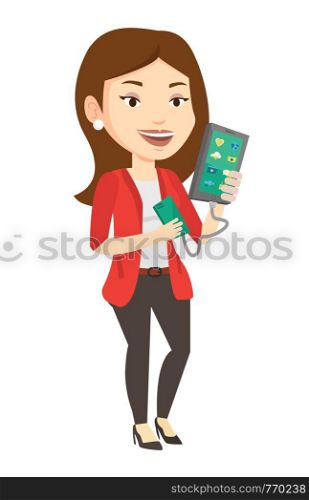Caucasian woman recharging her smartphone with mobile phone portable battery. Young woman holding a mobile phone and battery power bank. Vector flat design illustration isolated on white background.. Woman reharging smartphone from portable battery.