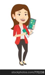 Caucasian woman recharging her smartphone with mobile phone portable battery. Young woman holding a mobile phone and battery power bank. Vector flat design illustration isolated on white background.. Woman reharging smartphone from portable battery.