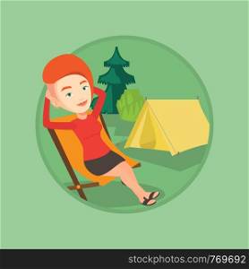 Caucasian woman relaxing in camping. Woman sitting in chair on the background of camping site. Woman enjoying vacation in camping. Vector flat design illustration in the circle isolated on background.. Woman sitting in folding chair in the camp.