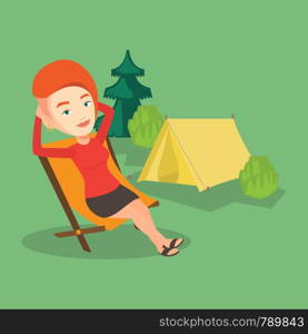 Caucasian woman relaxing in camping. Woman sitting in folding chair on the background of camping site with tent. Woman enjoying her vacation in camping. Vector flat design illustration. Square layout.. Woman sitting in folding chair in the camp.