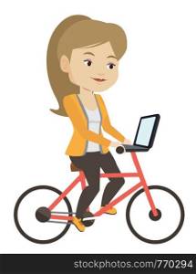 Caucasian woman riding a bicycle to work. Businesswoman with laptop on a bike. Businesswoman working on a laptop while riding a bicycle. Vector flat design illustration isolated on white background.. Woman riding bicycle in the city.