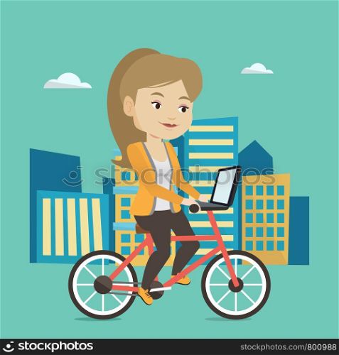 Caucasian woman riding a bicycle to work in the city. Businesswoman with laptop on a bike. Businesswoman working on a laptop while riding a bicycle. Vector flat design illustration. Square layout.. Woman riding bicycle in the city.