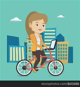 Caucasian woman riding a bicycle to work in the city. Businesswoman with laptop on a bike. Businesswoman working on a laptop while riding a bicycle. Vector flat design illustration. Square layout.. Woman riding bicycle in the city.