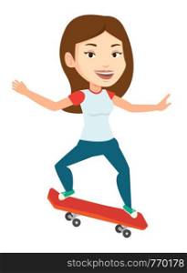 Caucasian woman riding a skateboard. Happy sportswoman skateboarding. Young skater riding a skateboard. Sportsoman jumping with skateboard. Vector flat design illustration isolated on white background. Woman riding skateboard vector illustration.