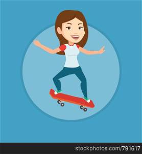 Caucasian woman riding a skateboard. Sportswoman skateboarding. Skater riding a skateboard. Sportsoman jumping with skateboard. Vector flat design illustration in the circle isolated on background.. Woman riding skateboard vector illustration.