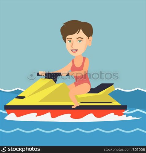 Caucasian woman riding a water scooter in the sea during summer vacation. Young woman sitting on a water scooter. Sport and leisure activity concept. Vector cartoon illustration. Square layout.. Caucasian woman riding a water scooter in the sea