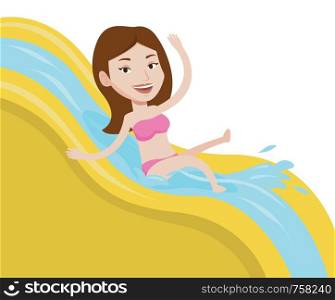 Caucasian woman riding down a water slide at the aquapark. Woman having fun on a water slide in waterpark. Girl going down a water slide. Vector flat design illustration isolated on white background.. Woman riding down waterslide vector illustration.