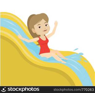 Caucasian woman riding down a water slide at the aquapark. Woman having fun on a water slide in waterpark. Woman going down a water slide. Vector flat design illustration isolated on white background.. Woman riding down waterslide vector illustration.
