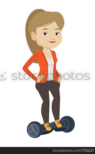Caucasian woman riding on self-balancing electric scooter. Woman riding on gyroscooter. Woman standing on self-balancing electric scooter. Vector flat design illustration isolated on white background.. Woman riding on self-balancing electric scooter.