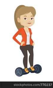 Caucasian woman riding on self-balancing electric scooter. Woman riding on gyroscooter. Woman standing on self-balancing electric scooter. Vector flat design illustration isolated on white background.. Woman riding on self-balancing electric scooter.