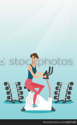 Caucasian woman riding stationary bicycle in the gym. Sporty woman exercising on stationary training bicycle. Young woman training on exercise bicycle. Vector flat design illustration. Vertical layout. Young woman riding stationary bicycle.
