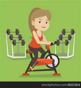 Caucasian woman riding stationary bicycle in the gym. Sporty woman exercising on stationary training bicycle. Young woman training on exercise bicycle. Vector flat design illustration. Square layout.. Young woman riding stationary bicycle.