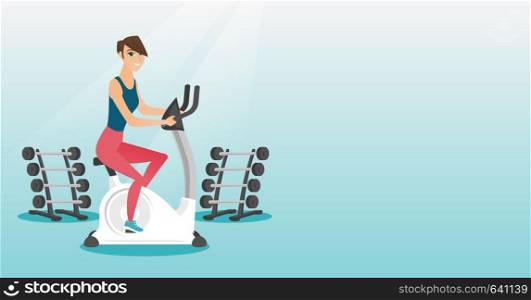 Caucasian woman riding stationary bicycle in the gym. Woman exercising on stationary training bicycle. Young woman training on exercise bicycle. Vector flat design illustration. Horizontal layout.. Young woman riding stationary bicycle.