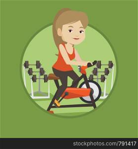 Caucasian woman riding stationary bicycle. Woman exercising on stationary training bicycle. Woman training on exercise bicycle. Vector flat design illustration in the circle isolated on background.. Young woman riding stationary bicycle.