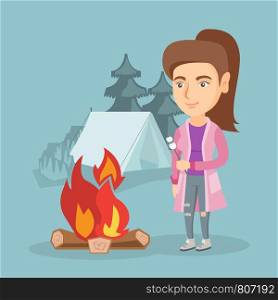 Caucasian woman roasting marshmallows over campfire on the background of camping site with a tent. Woman standing near campfire and roasting marshmallows. Vector cartoon illustration. Square layout.. Caucasian woman roasting marshmallow over campfire