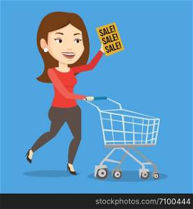Caucasian woman running on big sale. Woman holding paper sheet with sale text. Woman with empty shopping trolley running in hurry to the store on sale. Vector flat design illustration. Square layout.. Woman running in hurry to the store on sale.