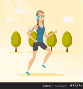Caucasian woman running with earphones and armband for smartphone. Young woman using smartphone with armband to listen to music while running in the park. Vector cartoon illustration. Square layout.. Young woman running with earphones and smartphone.