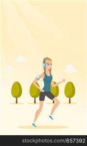 Caucasian woman running with earphones and armband for smartphone. Young woman using smartphone with armband to listen to music while running in the park. Vector cartoon illustration. Vertical layout.. Young man running with earphones and smartphone.