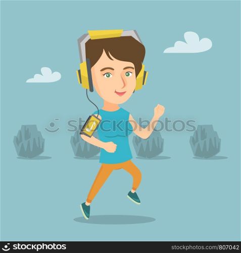 Caucasian woman running with earphones and armband for smartphone. Young woman using a smartphone with armband to listen to music while jogging in the park. Vector cartoon illustration. Square layout.. Young woman running with earphones and smartphone.