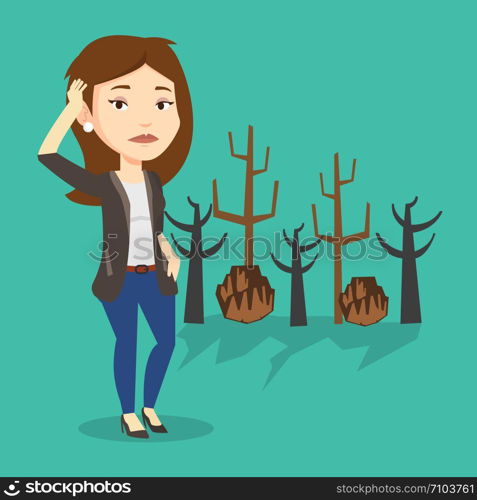 Caucasian woman scratching head on the background of dead forest. Dead forest caused by global warming or wildfire. Concept of environmental destruction. Vector flat design illustration. Square layout. Forest destroyed by fire or global warming.