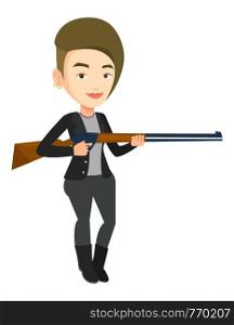 Caucasian woman shooting skeet with shotgun. Female hunter ready to hunt with hunting rifle. Young woman aiming with a hunter gun. Vector flat design illustration isolated on white background.. Hunter ready to hunt with hunting rifle.