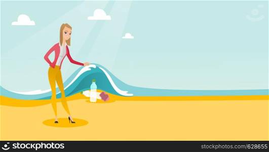 Caucasian woman showing plastic bottles under water of sea. Young woman collecting plastic bottles from water. Water and plastic pollution concept. Vector flat design illustration. Horizontal layout.. Woman showing plastic bottles under sea wave.