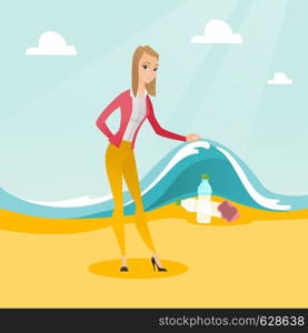 Caucasian woman showing plastic bottles under water of sea. Woman collecting plastic bottles from water. Water pollution and plastic pollution concept. Vector flat design illustration. Square layout.. Woman showing plastic bottles under sea wave.