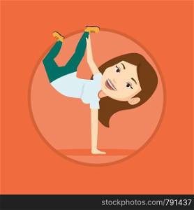 Caucasian woman showing skills in break dance. Breakdance dancer doing handstand. Young woman dancing. Happy woman breakdancing. Vector flat design illustration in the circle isolated on background.. Young woman breakdancing vector illustration.