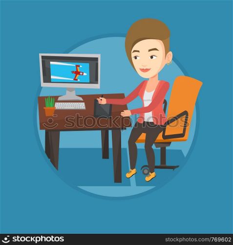 Caucasian woman sitting at desk and drawing on graphics tablet. Graphic designer using a digital graphics tablet, computer and pen. Vector flat design illustration in the circle isolated on background. Designer using digital graphics tablet.