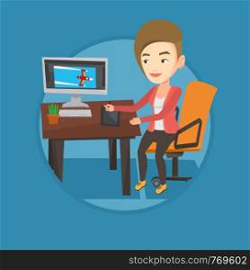 Caucasian woman sitting at desk and drawing on graphics tablet. Graphic designer using a digital graphics tablet, computer and pen. Vector flat design illustration in the circle isolated on background. Designer using digital graphics tablet.
